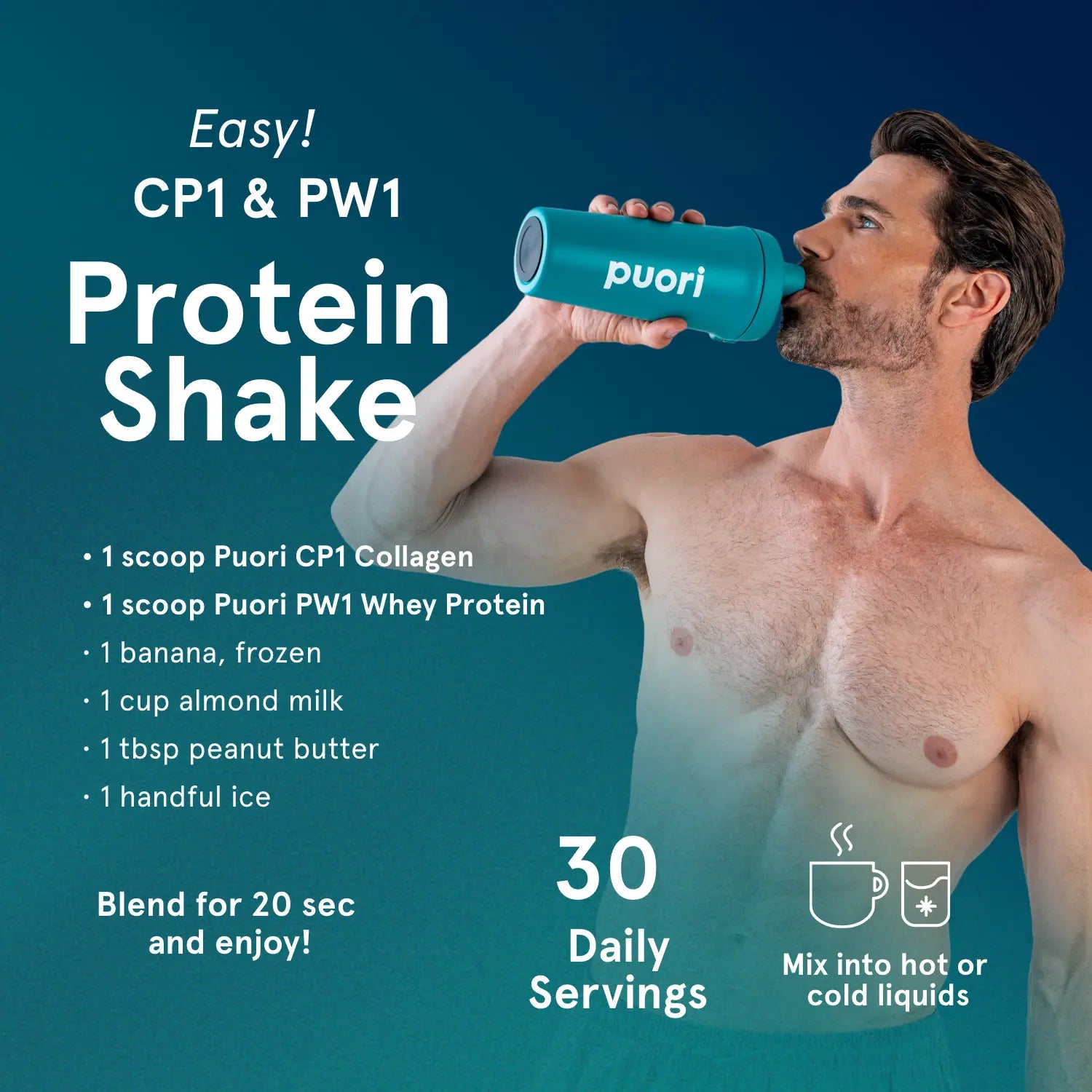 Recipe card: CP1 & PW1 Protein Shake with man drinking from a shaker — 1 scoop CP1, 1 scoop PW1, banana, almond milk, peanut butter, ice